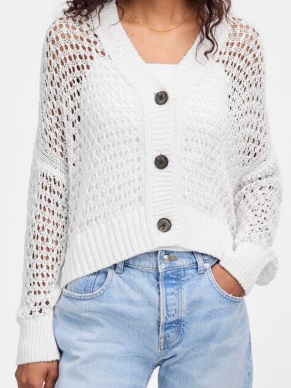 Madewell Open-Stitch White Button Front Cardigan
